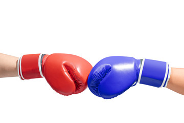 Hands of two men with blue and red boxing gloves bumped their fists