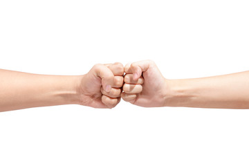 Hands of two men pumping their fists
