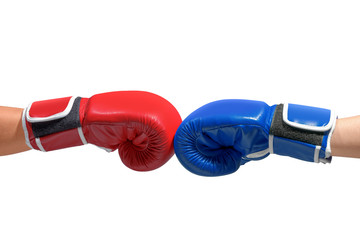 Hands of two men with blue and red boxing gloves bumped their fists