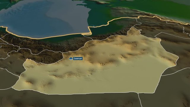 Semnan - province of Iran with its capital zoomed on the physical map of the globe. Animation 3D