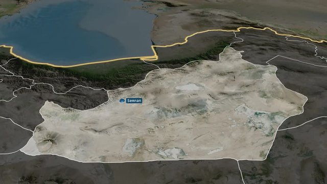 Semnan - province of Iran with its capital zoomed on the satellite map of the globe. Animation 3D