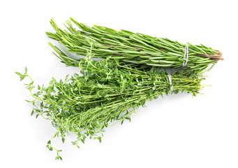 Different fresh herbs on white background