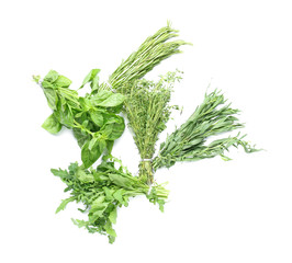 Different fresh herbs on white background