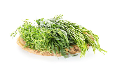 Different fresh herbs on white background