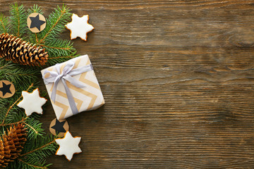 Beautiful Christmas composition on wooden background