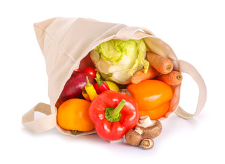 Eco bag with products on white background