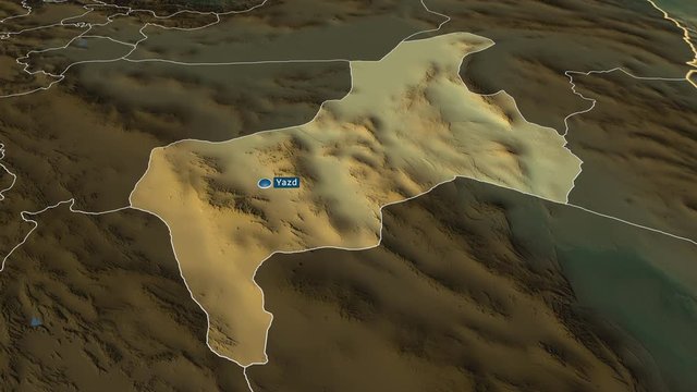 Yazd - province of Iran with its capital zoomed on the physical map of the globe. Animation 3D