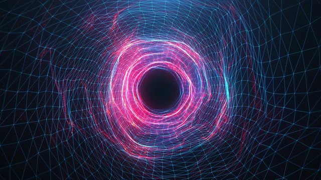 Abstract motion digital wormhole, tunnel consisting blue and red sparkling particle and lines. Way through the digital network beautiful blue and red particles. Seamless Loopable 3D 4K animation