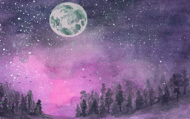 Obraz na płótnie Canvas Forest in the fog. The hills. Silhouette of flying birds. Moon in starry sky. Hand-drawn, watercolor texture. Purple background.
