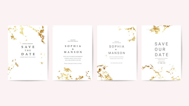 Luxury wedding invite cards collection. Set of white marble texture background and gold border frame you can apply at  wedding Invitation, Thank you Card, rsvp, posters, modern card design template. 