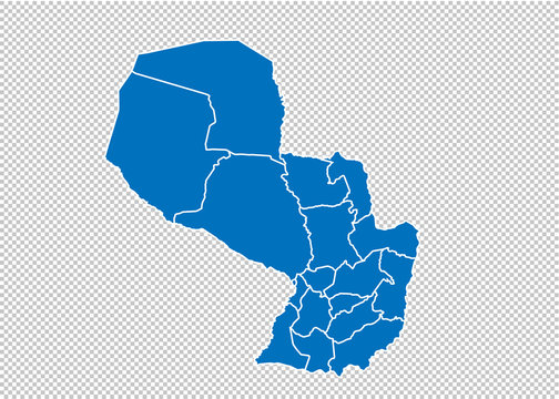 paraguay map - High detailed blue map with counties/regions/states of paraguay. paraguay map isolated on transparent background.