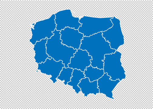 poland map - High detailed blue map with counties/regions/states of poland. poland map isolated on transparent background.