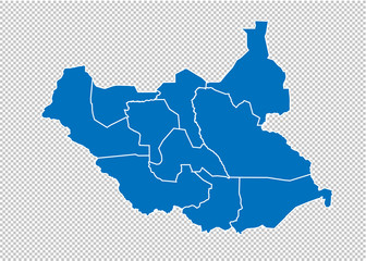 south Sudan map - High detailed blue map with counties/regions/states of south Sudan. south Sudan map isolated on transparent background.
