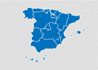 spain map - High detailed blue map with counties/regions/states of spain. spain map isolated on transparent background.