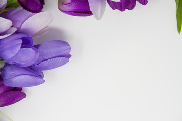 Closeup of artificial purple and violet flowers on a white background.