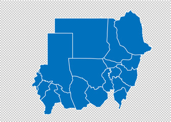 sudan map - High detailed blue map with counties/regions/states of sudan. sudan map isolated on transparent background.