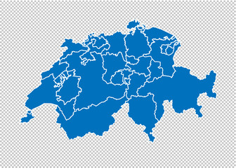 switzerland map - High detailed blue map with counties/regions/states of switzerland. switzerland map isolated on transparent background.