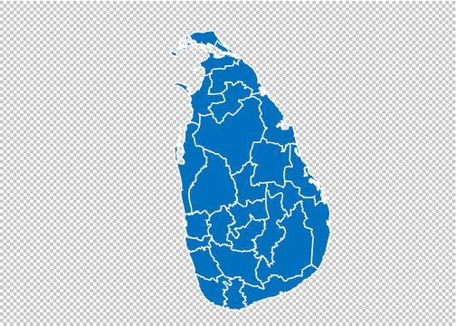 sri Lanka map - High detailed blue map with counties/regions/states of sri Lanka. sri Lanka map isolated on transparent background.