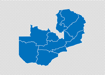 zambia map - High detailed blue map with counties/regions/states of zambia. zambia map isolated on transparent background.