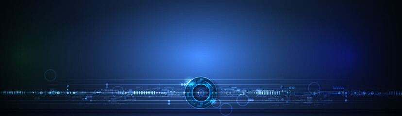 Vector illustration design, digital eyeball and line on circuit board. High tech computer, science technology. Abstract futuristic communication concept. Dark blue color background