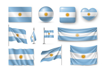 Various flags of Argentina independent country set. Realistic waving national flag on pole, table flag and different shapes badges. Patriotic argentinean rendering symbols isolated vector illustration