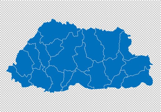 bhutan map - High detailed blue map with counties/regions/states of bhutan. bhutan map isolated on transparent background.