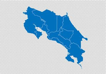 costa Rica map - High detailed blue map with counties/regions/states of costa Rica. costa Rica map isolated on transparent background.