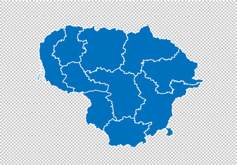 lithuania map - High detailed blue map with counties/regions/states of lithuania. nepal map isolated on transparent background.