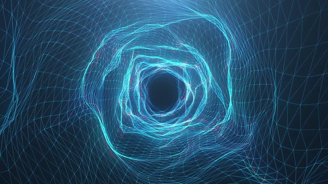 Abstract motion digital wormhole, tunnel consisting blue sparkling particle and lines. Way through the digital network beautiful blue particles. Seamless Loopable 3D 4K animation