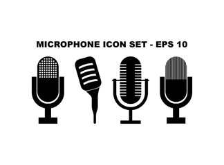 4 Microphone Icon Set. Four Collection of Microphone Illustrations in Glyph Style Isolated on White Background.- Vector