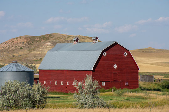 old red barn and silo in Montana