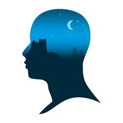 Face front view. Elegant silhouette of a head textured by mountains and sky view. Double exposure. Moon and stars