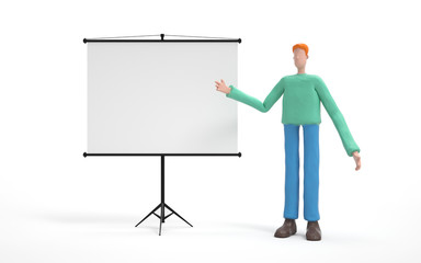 A man standing near projector screen and pointing something. business concept. 3d rendering,conceptual image.