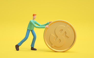 A man is rolling a golden dollar coin. Earning, saving and investing money concept.  3d rendering,conceptual image.