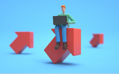 A man working growth direction. Concept business illustration, Leader, Arrows, Reverse trend.3d rendering,conceptual image.