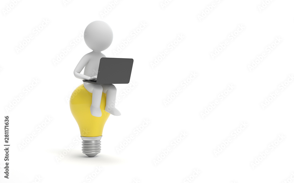 Poster a man sittting on a bulb at work. innovation or creative concept. 3d rendering,conceptual image.