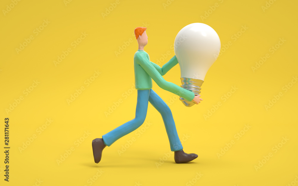 Poster a man standing with a bulb. innovation or creative concept. 3d rendering,conceptual image.