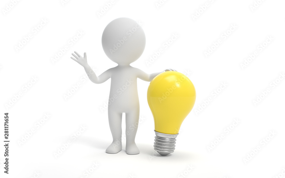 Poster a man standing with a bulb. innovation or creative concept. 3d rendering,conceptual image.