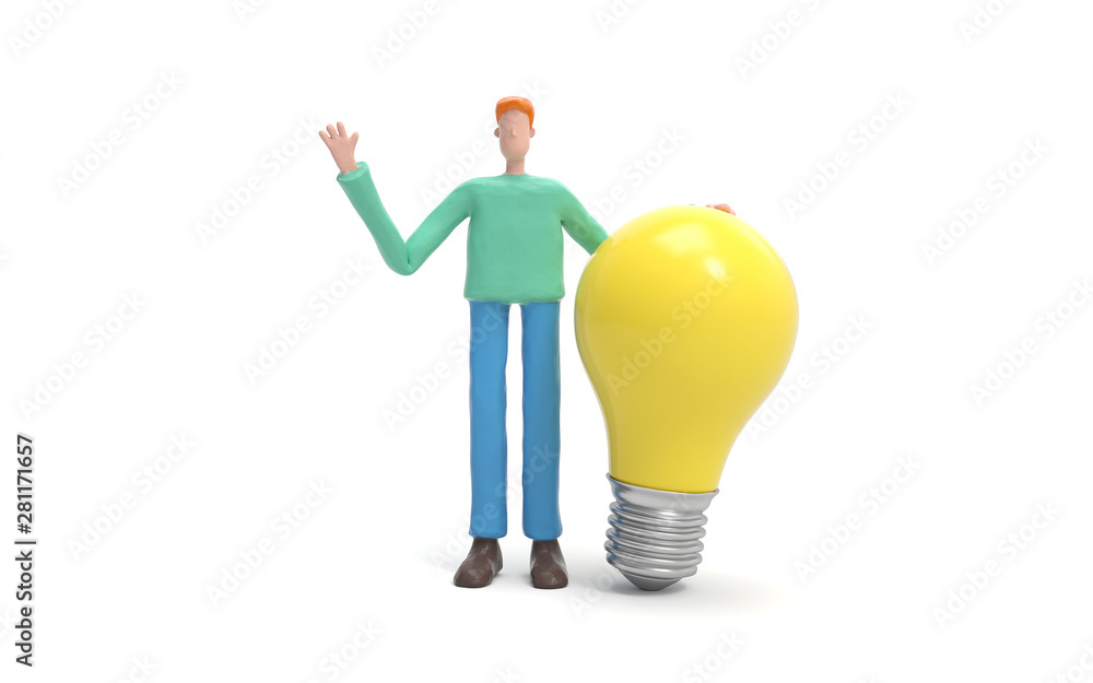 Poster a man standing with a bulb. innovation or creative concept. 3d rendering,conceptual image.