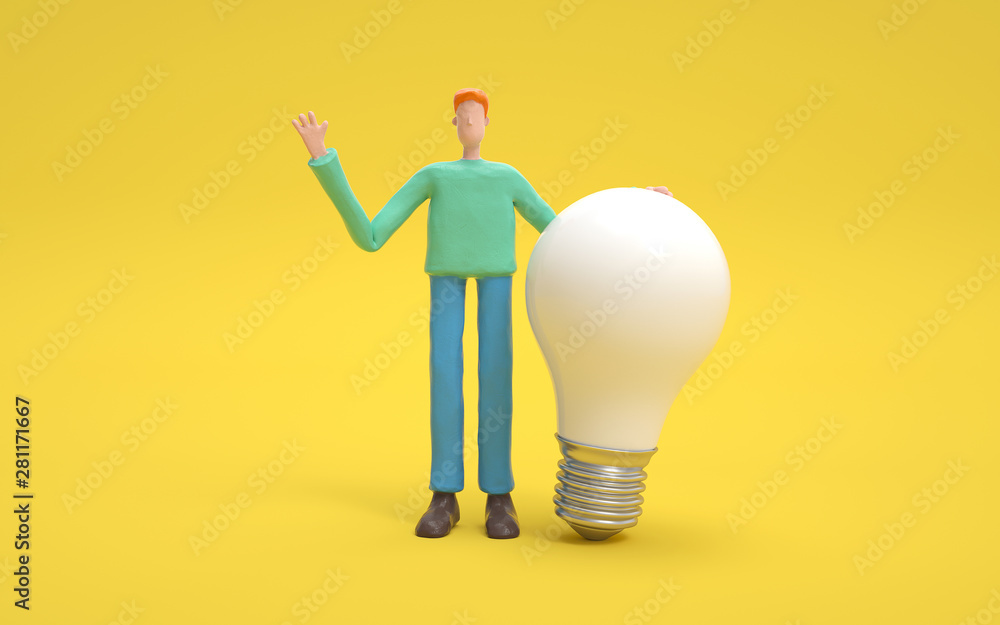 Poster a man standing with a bulb. innovation or creative concept. 3d rendering,conceptual image.