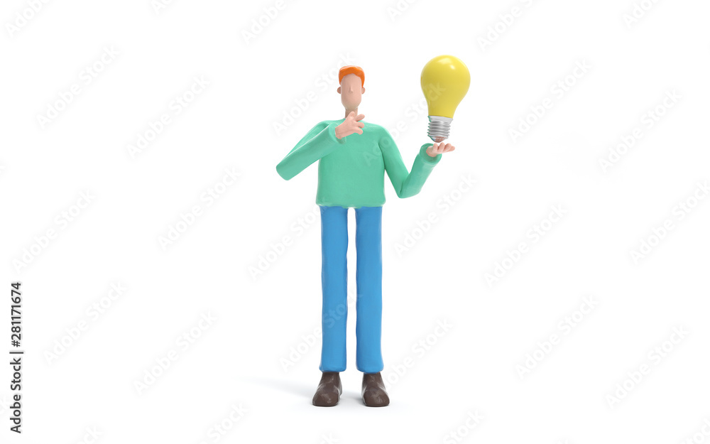 Poster a man standing with a bulb. innovation or creative concept. 3d rendering,conceptual image.