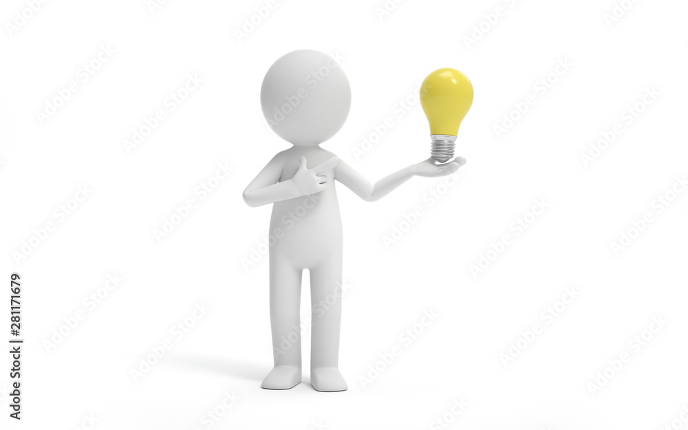 Poster a man standing with a bulb. innovation or creative concept. 3d rendering,conceptual image.
