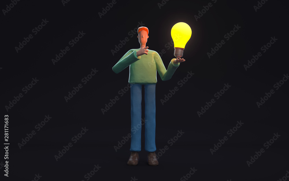 Poster a man standing with a bulb. innovation or creative concept. 3d rendering,conceptual image.