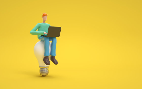 A man sittting on a bulb at work. innovation or creative concept.  3d rendering,conceptual image.