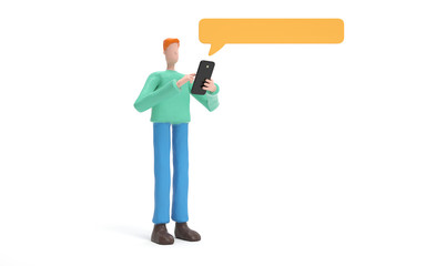 A man sends sms.communication or  social media concept.  3d rendering,conceptual image.