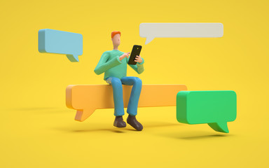 A man sends sms.communication or  social media concept.  3d rendering,conceptual image.