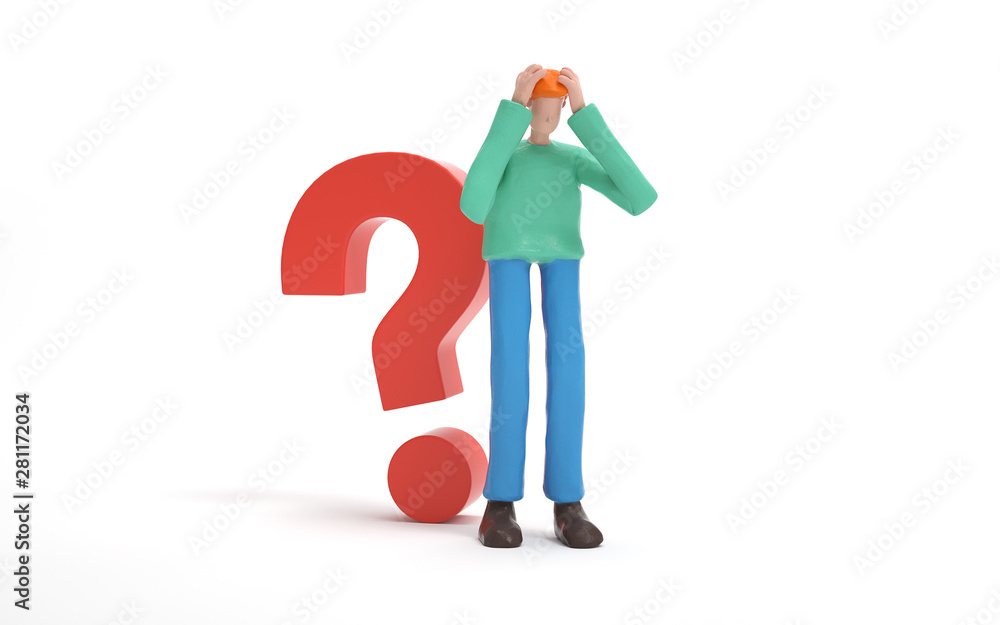 Poster a man thinking with a question mark,looking for a solution.decision and problem concept. 3d renderin