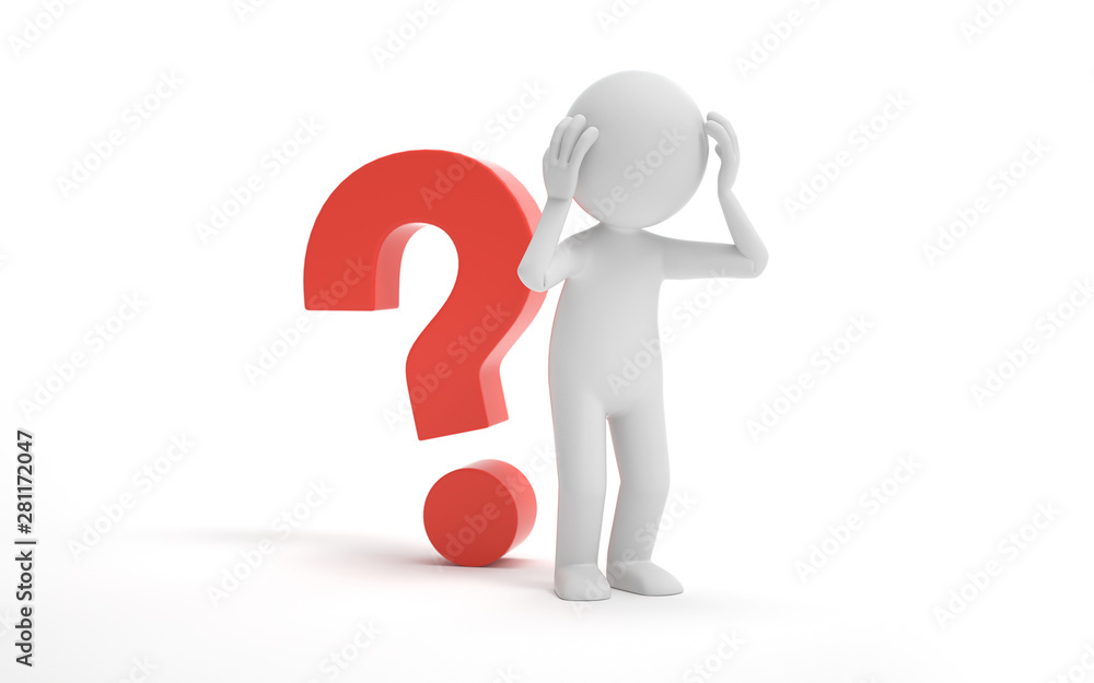 Poster a man thinking with a question mark,looking for a solution.decision and problem concept. 3d renderin