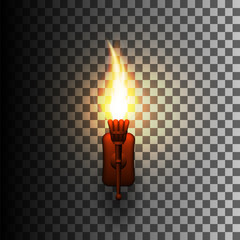 Realistic torch with fire on the wall. Vector illustration.