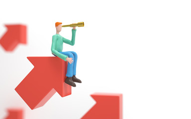 A man sitting on flying arrows and searching for an opportunities. business and success concept. 3d rendering,conceptual image.